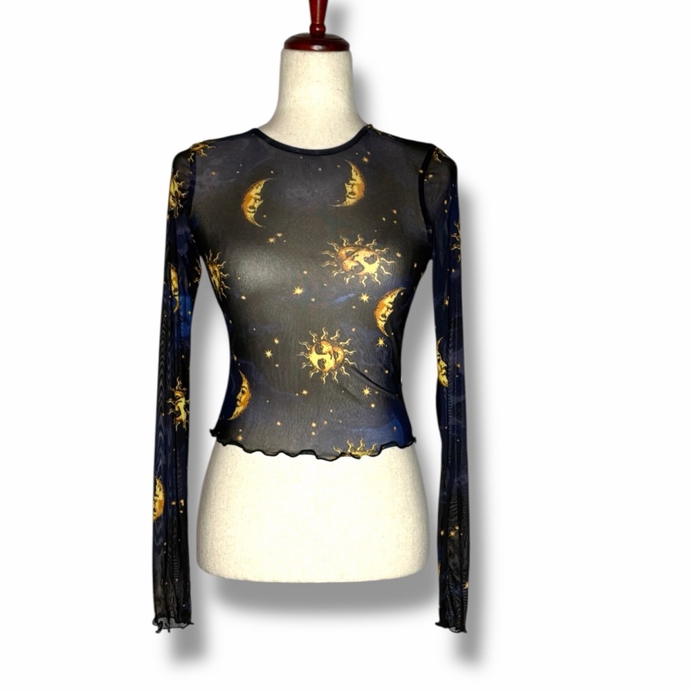 Bear Dance Sheer Black Mesh Lettuce Trim 90’s Sun & Moon Print Top Size Medium - Picture 2 of 8